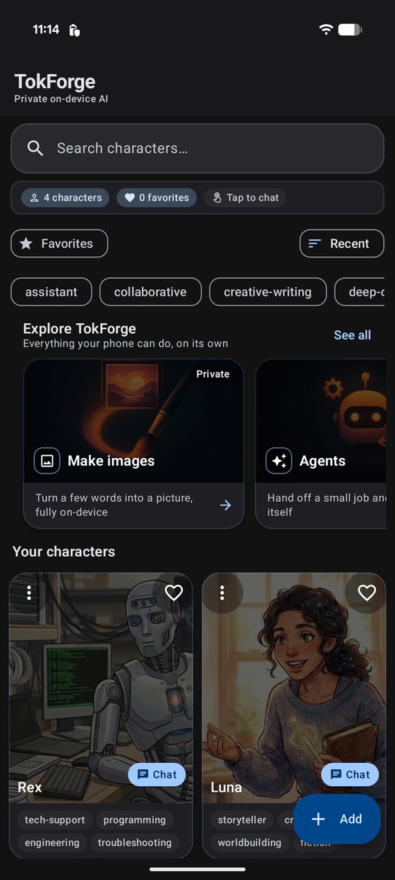 TokForge home and character library on Android