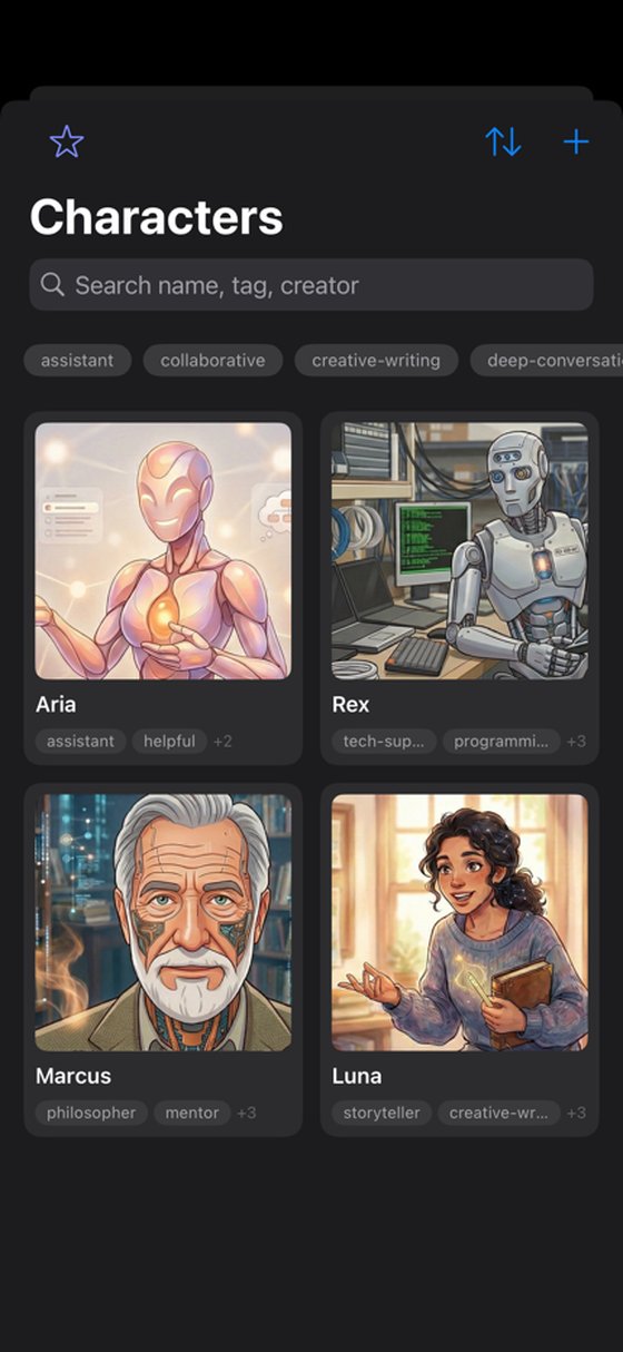 TokForge character library on iPhone: Aria, Rex, Marcus, Luna